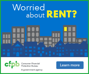 Worried About Rent? Words hover above an urban sprawl of high rises and homes in the night sky.