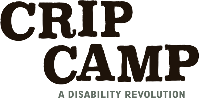 Title "Crip Camp" logo in black, bold letters. Underneath in small print, "A Disability Revolution"