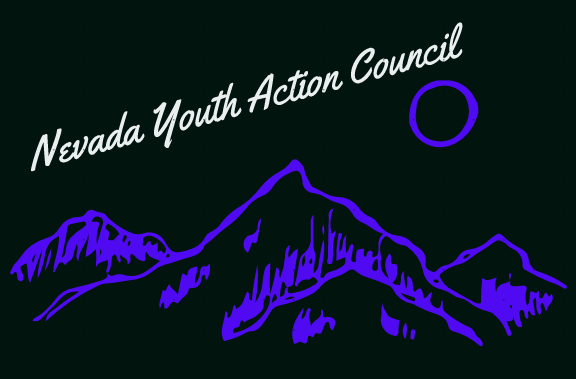 Purple Mountains on a black background with Nevada Youth Action Council hovering above.